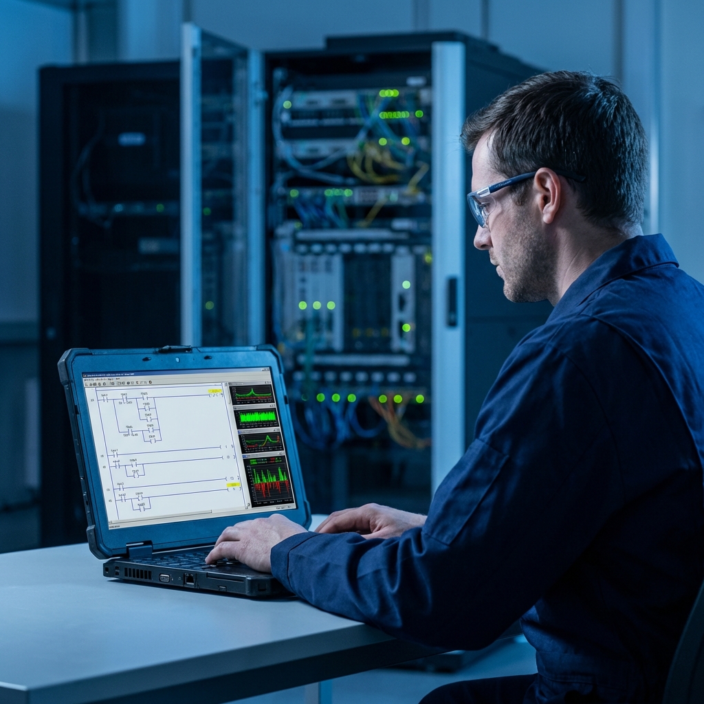 Industrial engineer reviewing automation plans